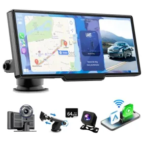 10.26" HD Portable Wireless Carplay & Android Auto Screen with 2.5K Dash Cam, Carplay Screen for Car Support Bluetooth,Mirror Link, Voice Control, GPS Navigation, 1080P Backup Camera  64G TF Card