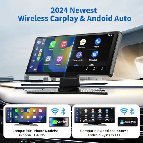 10.26" HD Portable Wireless Carplay & Android Auto Screen with 2.5K Dash Cam, Carplay Screen for Car Support Bluetooth,Mirror Link, Voice Control, GPS Navigation, 1080P Backup Camera  64G TF Card