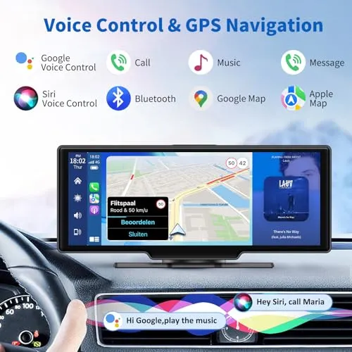 10.26" HD Portable Wireless Carplay & Android Auto Screen with 2.5K Dash Cam, Carplay Screen for Car Support Bluetooth,Mirror Link, Voice Control, GPS Navigation, 1080P Backup Camera  64G TF Card