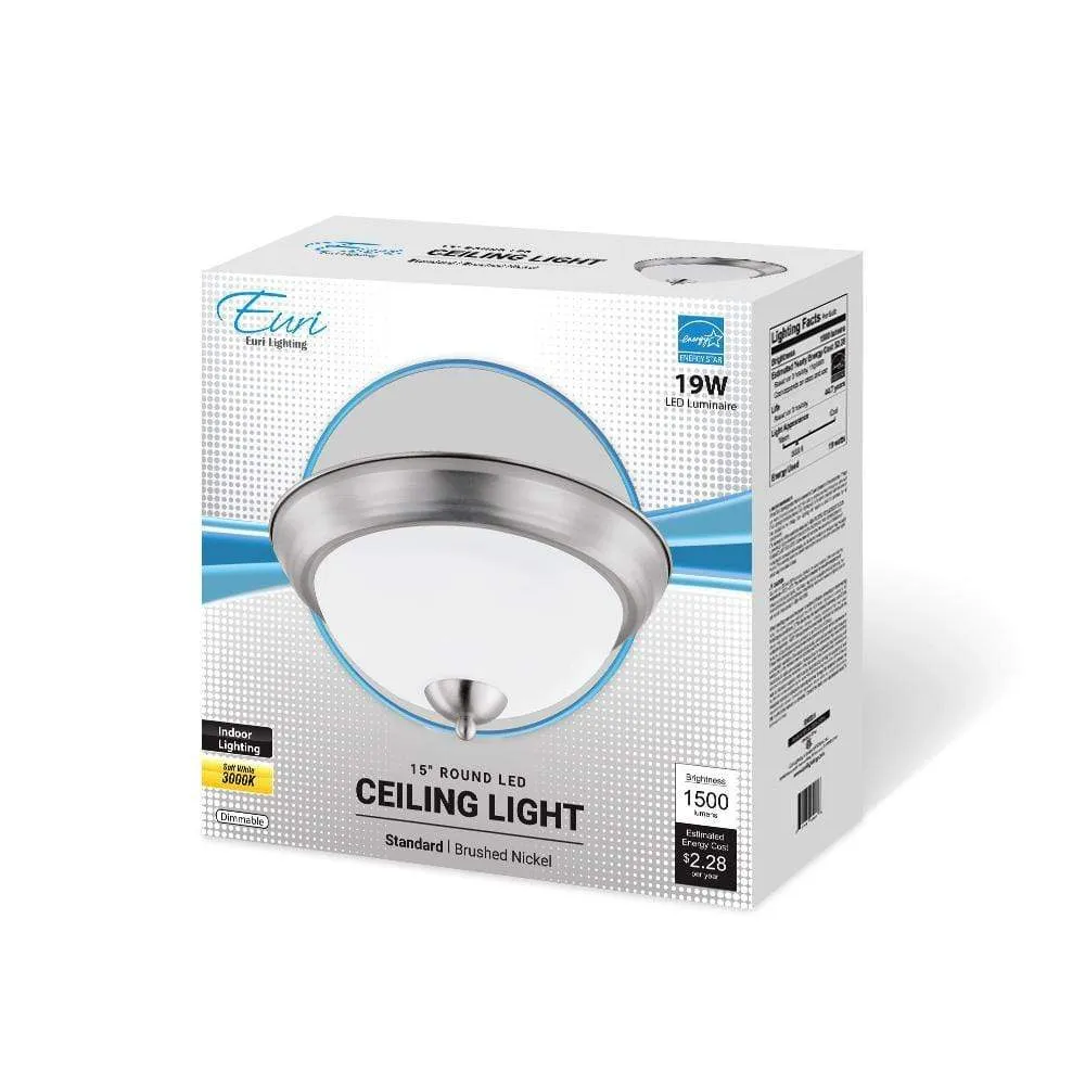 19W 15in. Round Brushed Nickel Dimmable LED Ceiling Light - 180 Degree Beam - 120V - Direct Wiring - 1500 Lm - 3000K Warm White