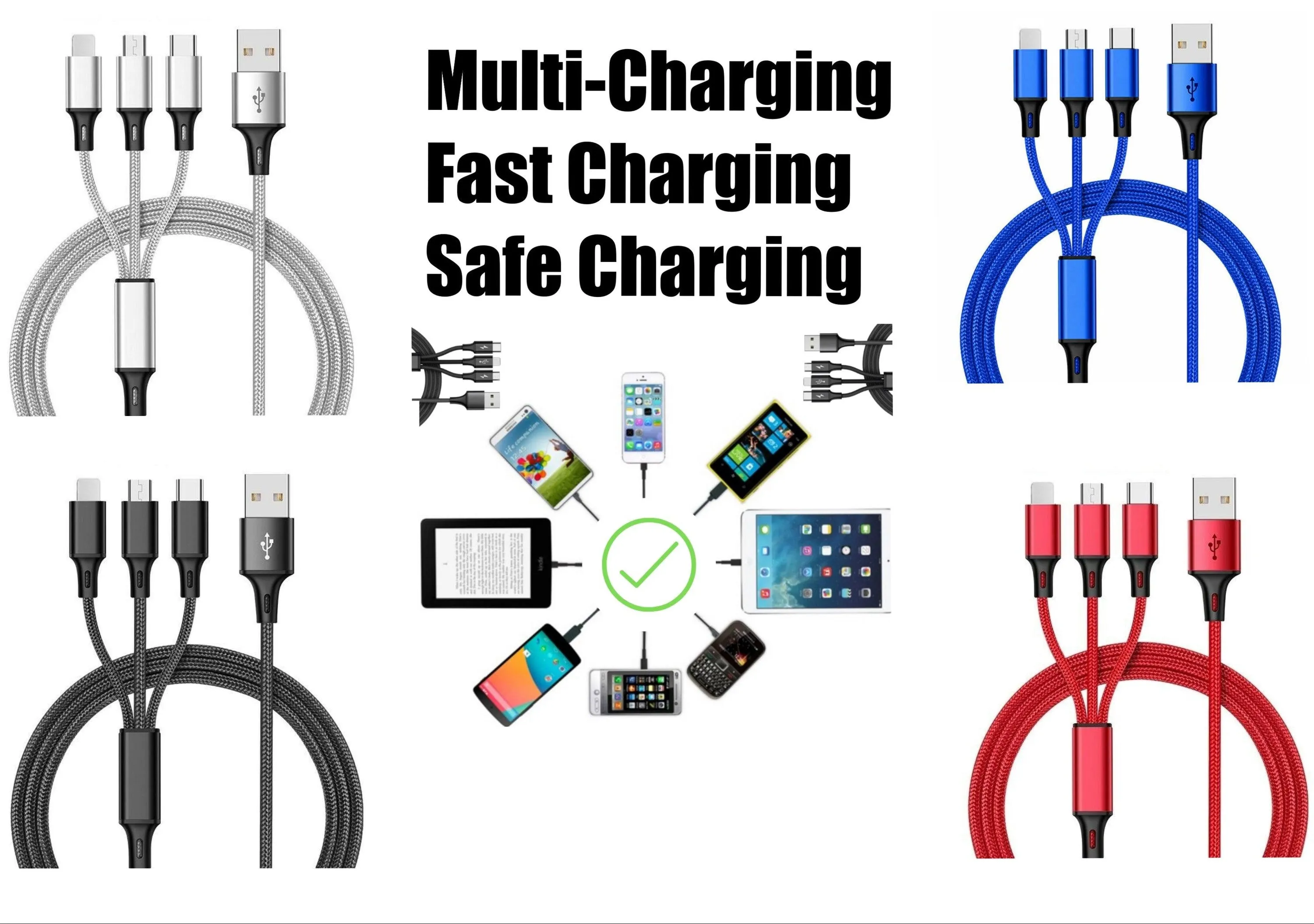 3-in-1 Nylon Braided 4FT 3A Charging Cable (8Pin, Type-C, Micro USB)