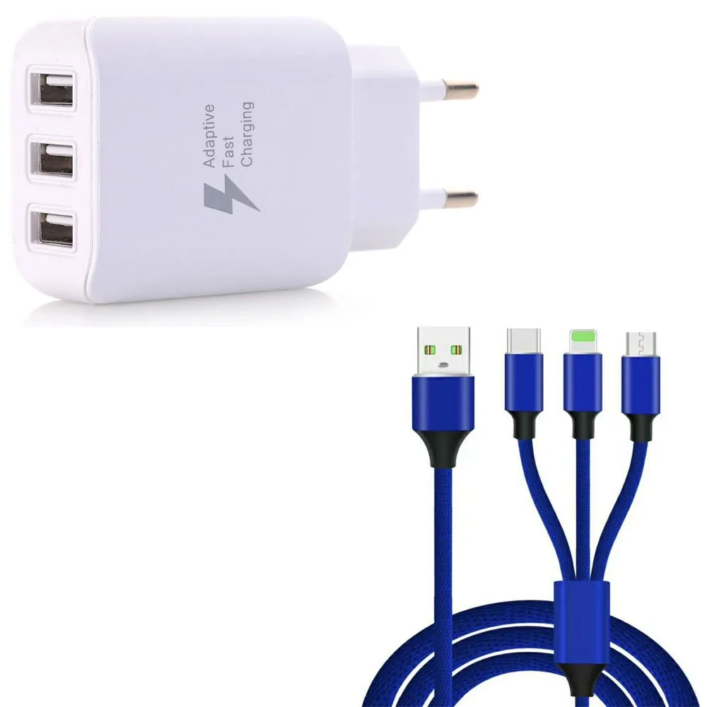 3 in 1  Type-C   8 Pin   Micro USB Data Charging Cable 3 USB Fast Wall Charger for iPhone / Samsung / Huawei