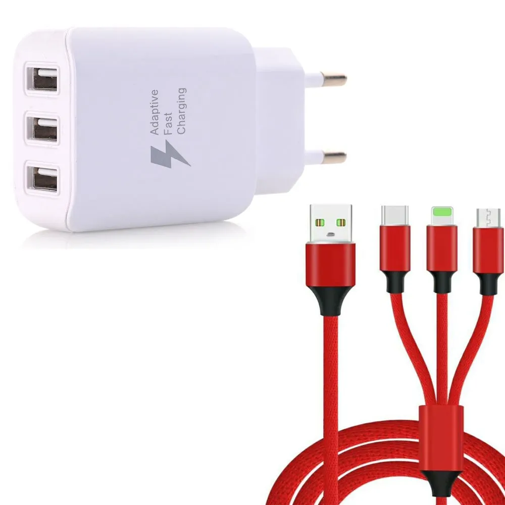 3 in 1  Type-C   8 Pin   Micro USB Data Charging Cable 3 USB Fast Wall Charger for iPhone / Samsung / Huawei