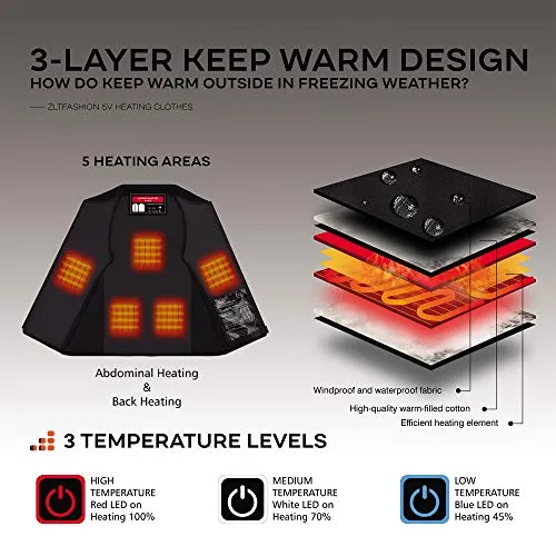 5V Heated Vest with battery pack,USB Charging Lightweight Heated Jacket,Heating Clothing Size Adjustable for Men Male