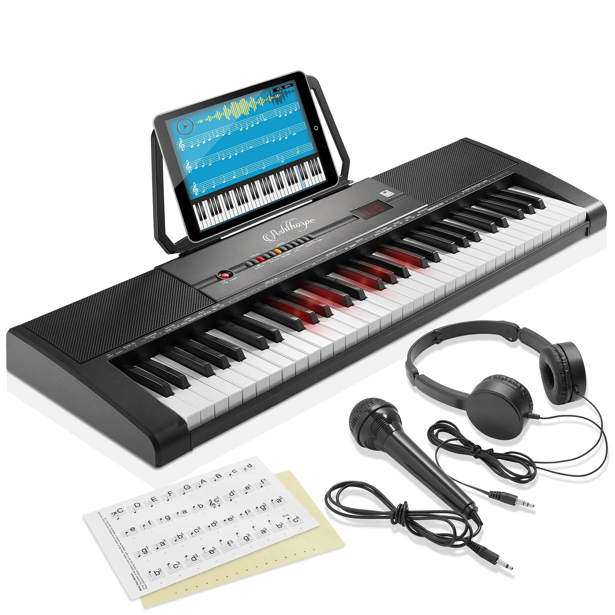 61-Key Digital Keyboard Piano with Light Up Keys - Includes Headphones and Mic