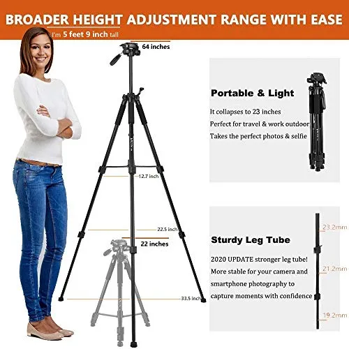 64-inch Tripod, Ultra Stable Aluminum Tripod Stand for Camera & Cell Phone with Phone Tripod Mount and Remote Shutter, Ideal for Videos, Vlogs and Social Media Live - Black