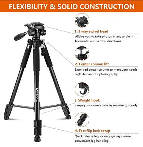 64-inch Tripod, Ultra Stable Aluminum Tripod Stand for Camera & Cell Phone with Phone Tripod Mount and Remote Shutter, Ideal for Videos, Vlogs and Social Media Live - Black