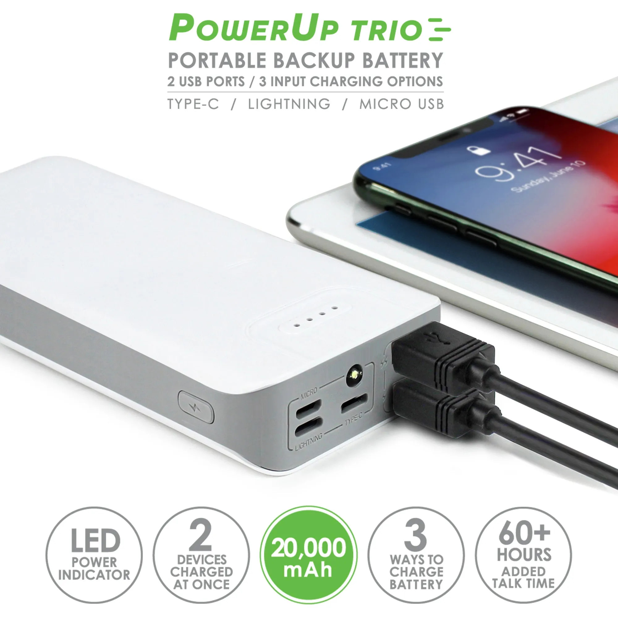 Aduro PowerUp Trio 20,000 mAh SmartCharge Dual USB Backup Battery