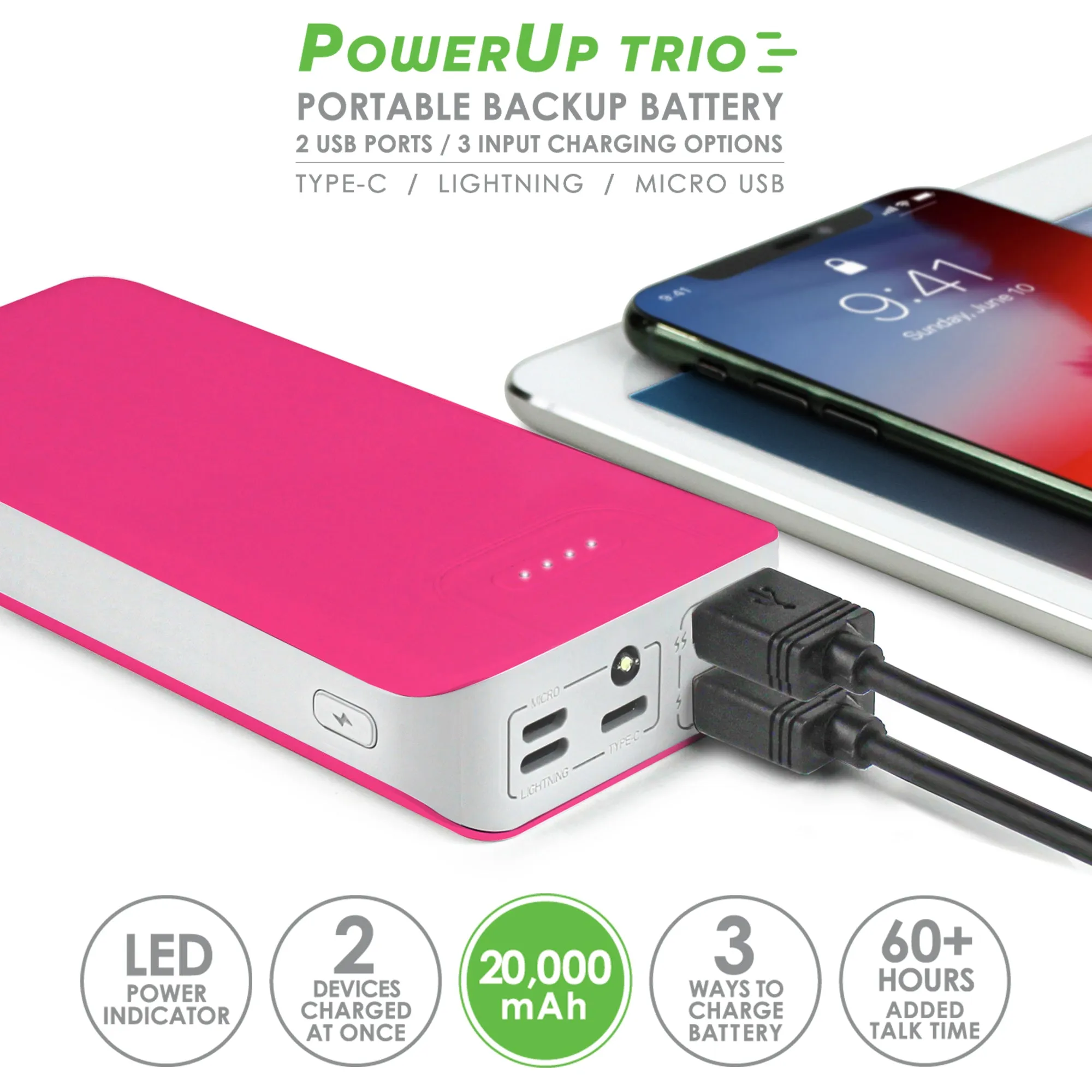 Aduro PowerUp Trio 20,000 mAh SmartCharge Dual USB Backup Battery