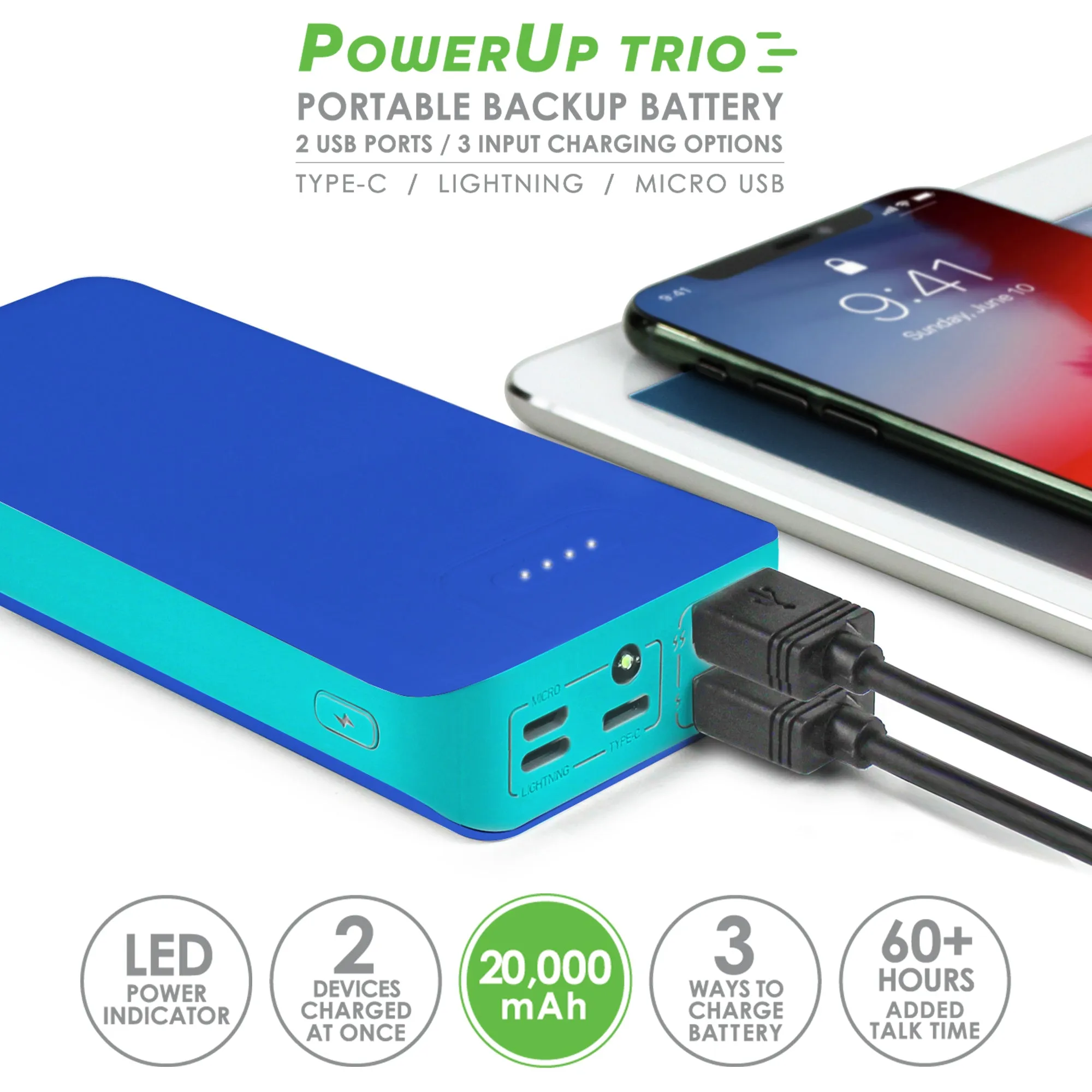 Aduro PowerUp Trio 20,000 mAh SmartCharge Dual USB Backup Battery