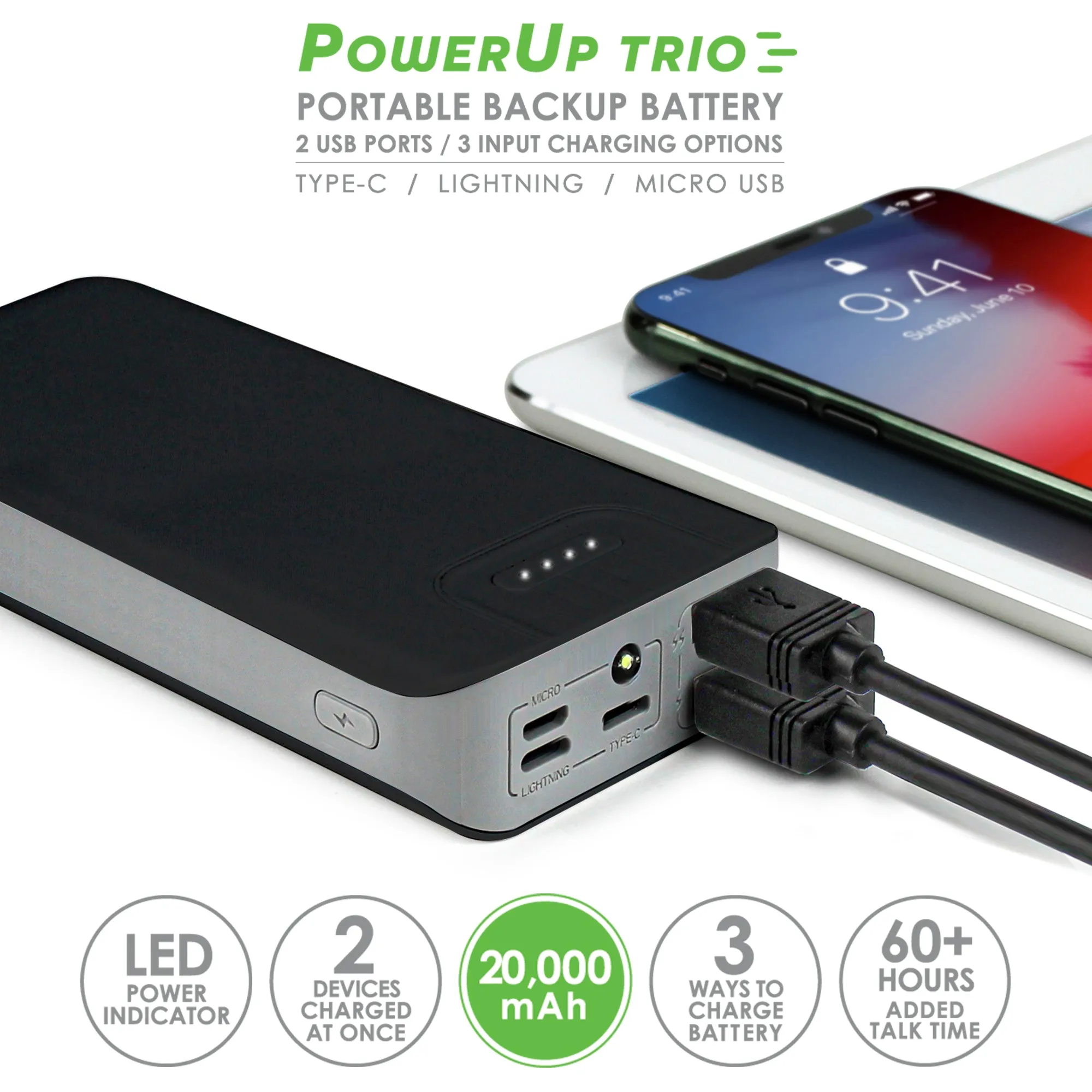 Aduro PowerUp Trio 20,000 mAh SmartCharge Dual USB Backup Battery