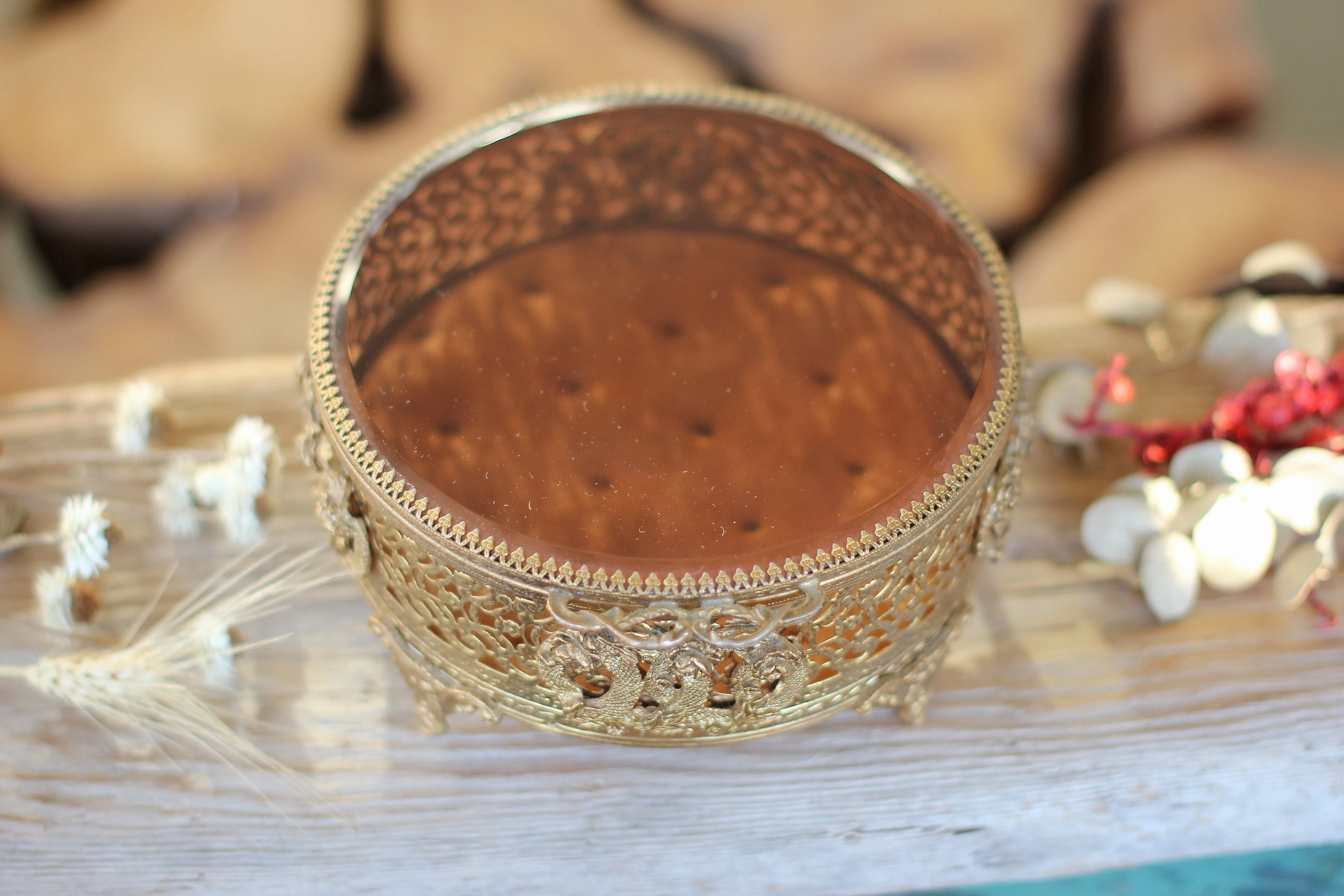 Antique Amber Glass Tufted Jewelry Box