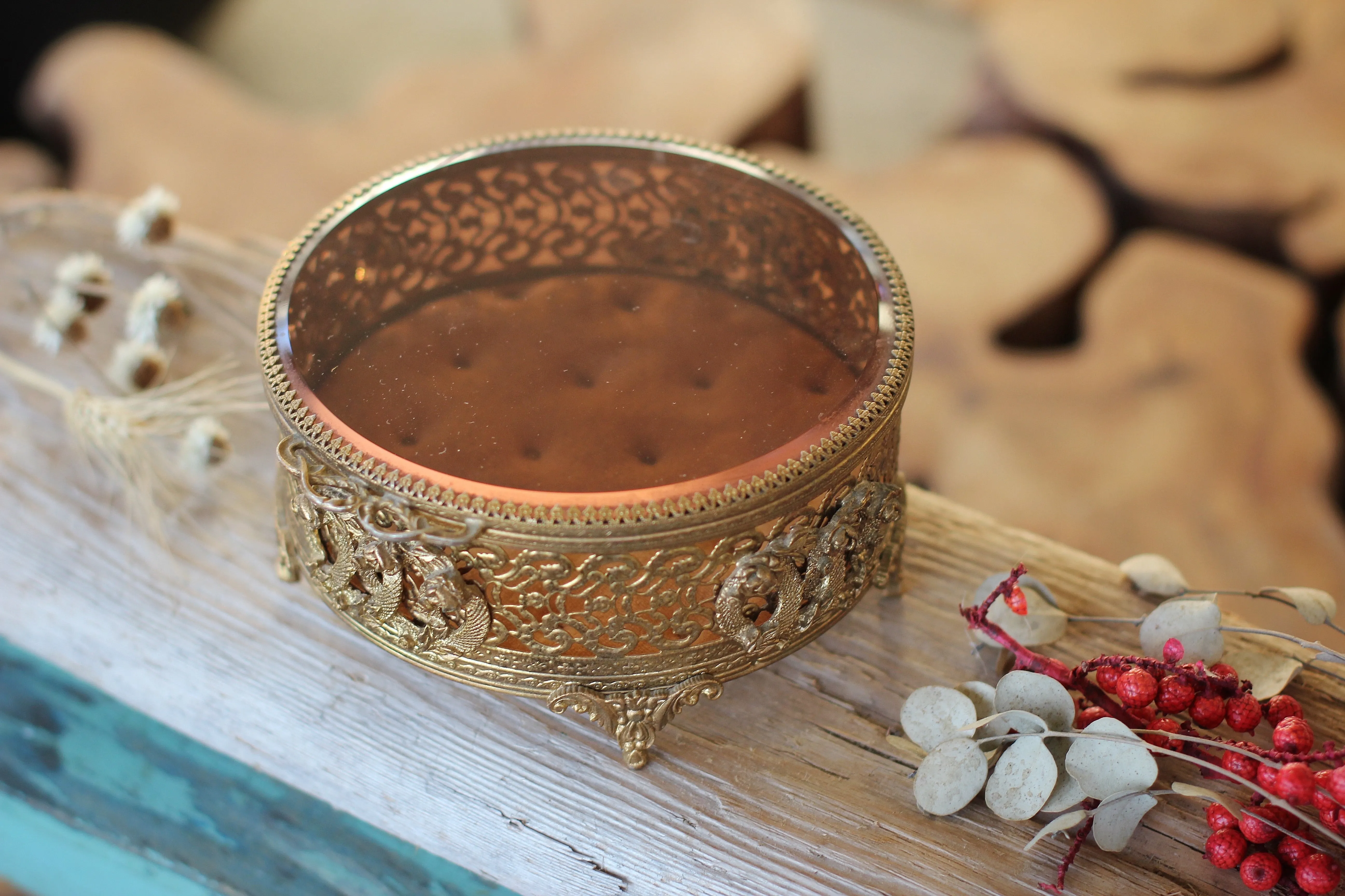 Antique Amber Glass Tufted Jewelry Box