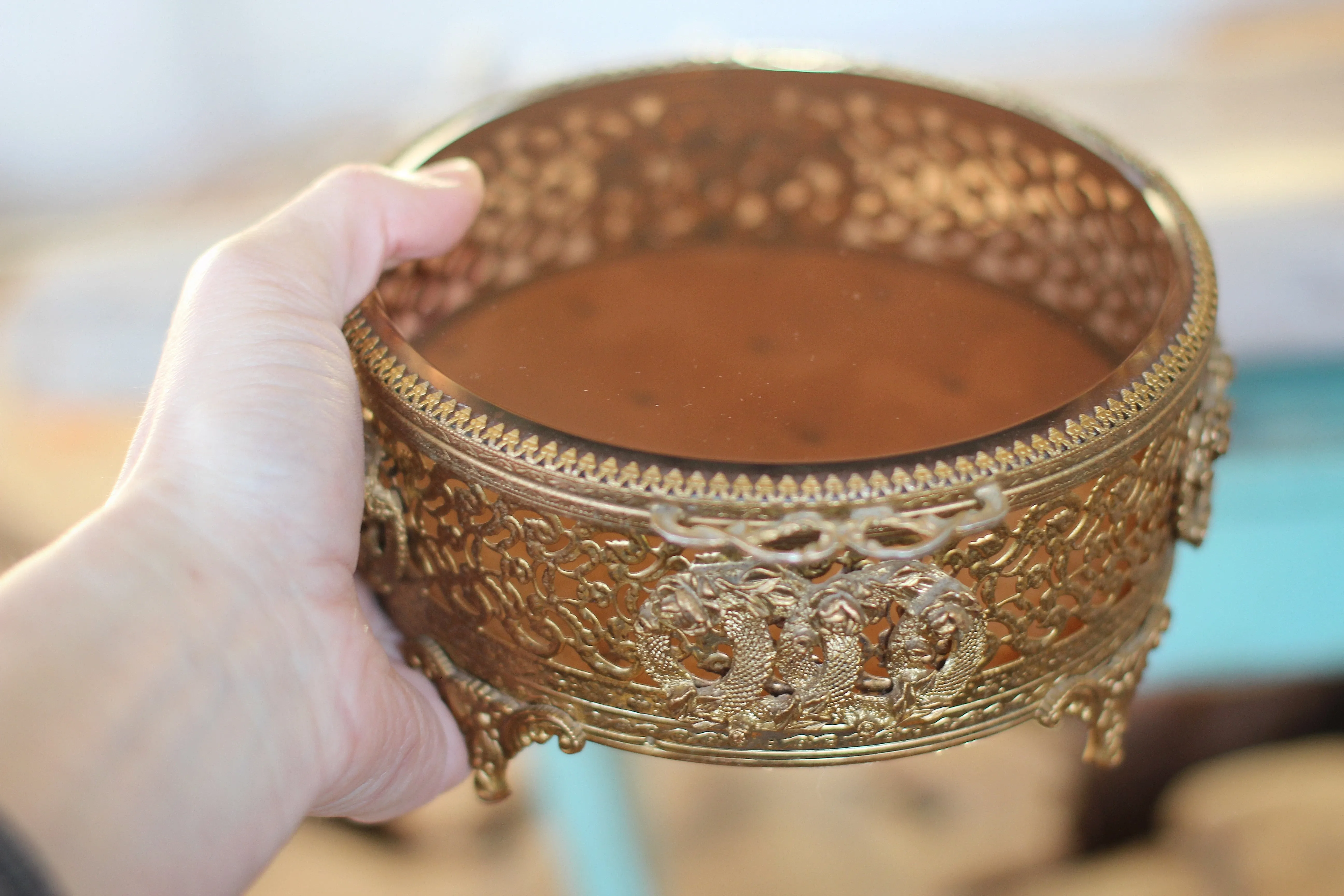 Antique Amber Glass Tufted Jewelry Box