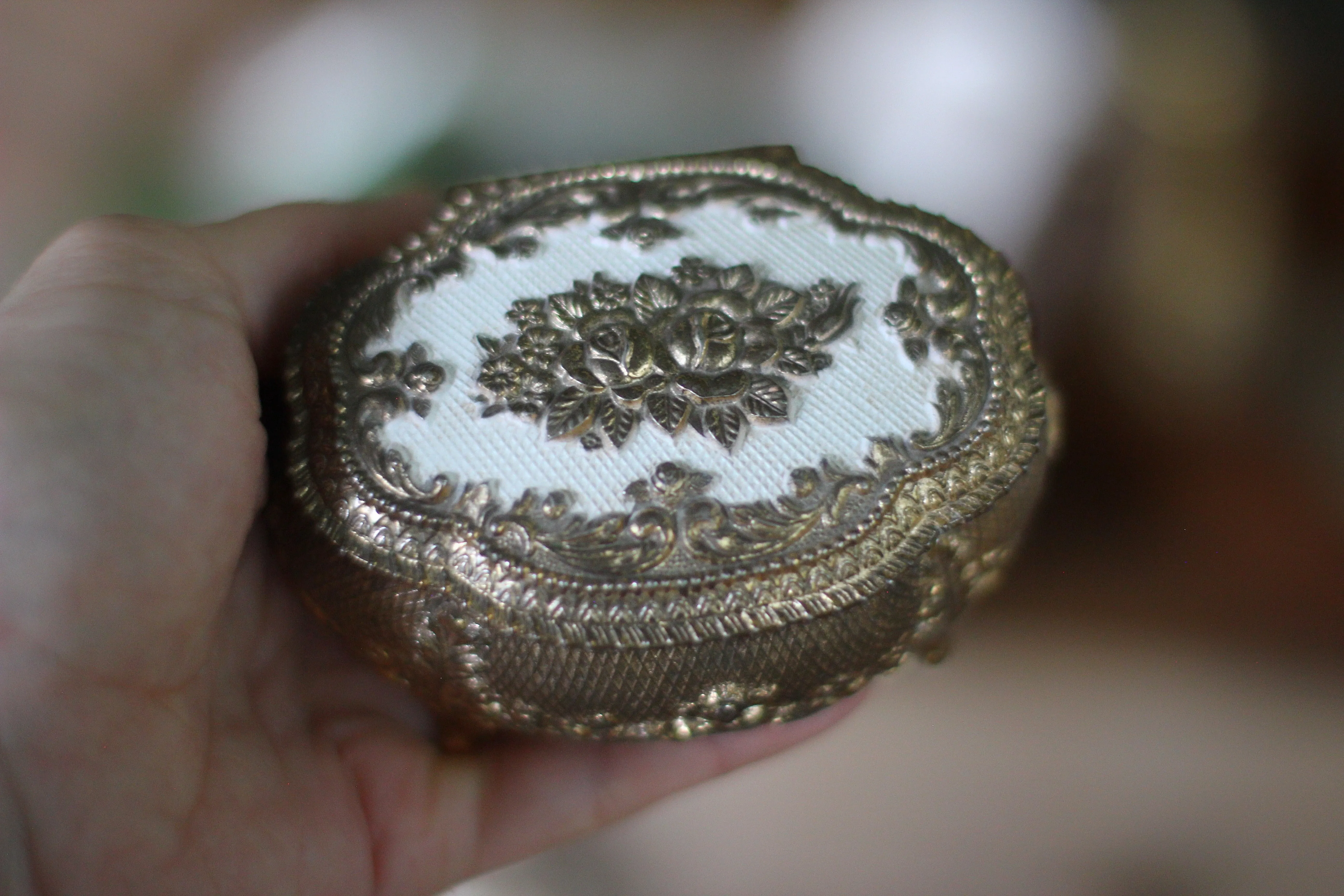 Antique Floral Bronze White Jewelry Box