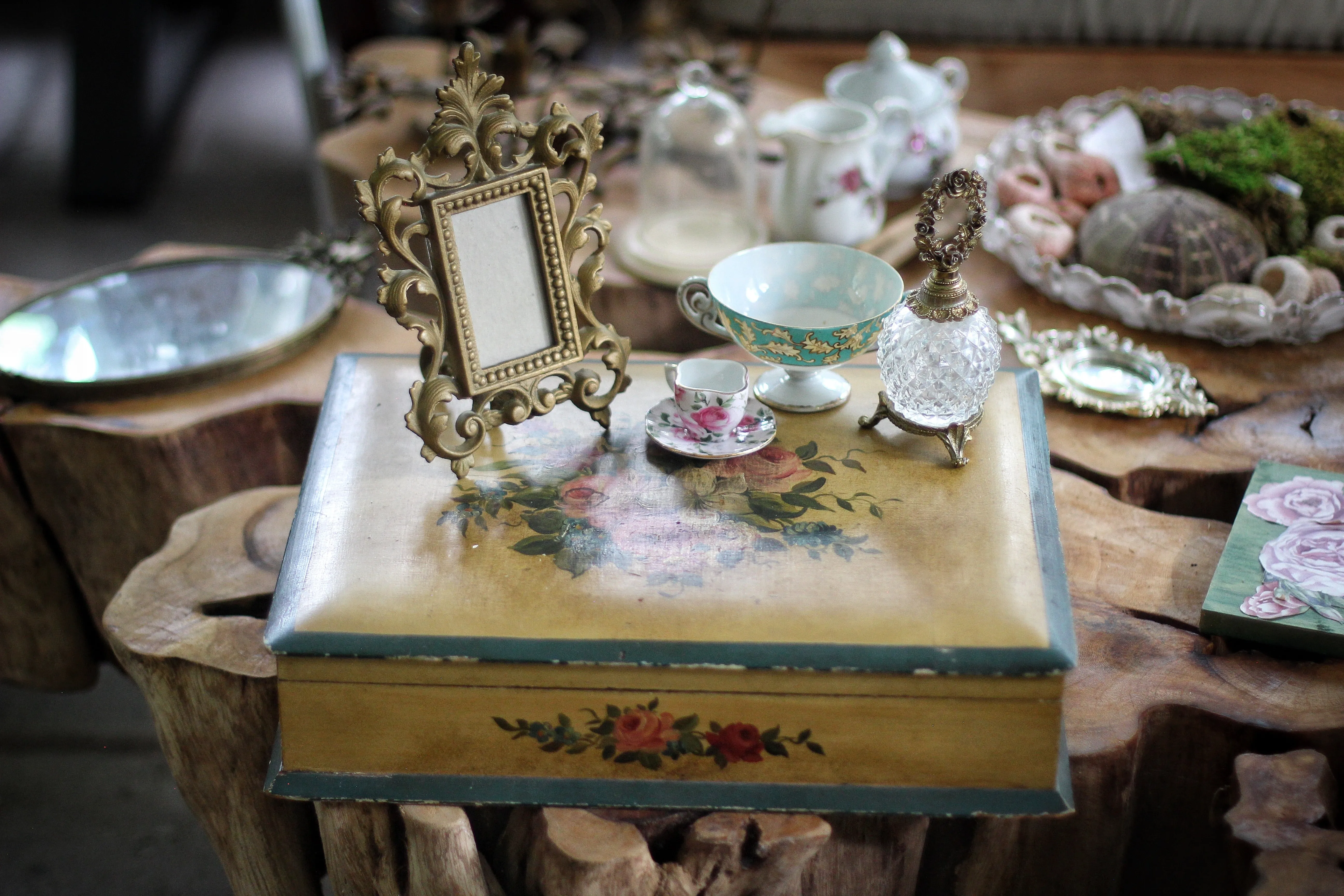 Antique Floral Wood Jewelry Box