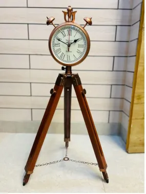 Antique Nautical Art Elegant Wooden Tripod Clock with Copper Finish - Classic Roman Numeral Design Industrial Vintage Decor