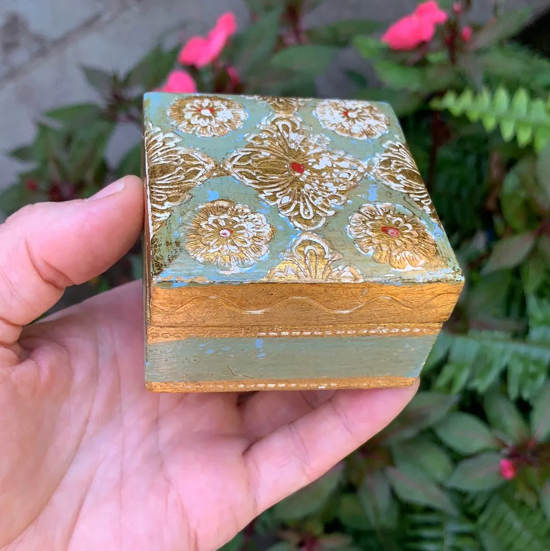 Antique Small Square Turquoise Florentine Jewelry Box