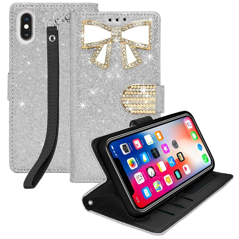 Apple iPhone X / 10 Diamond Bow Glitter Leather Wallet Case by Modes