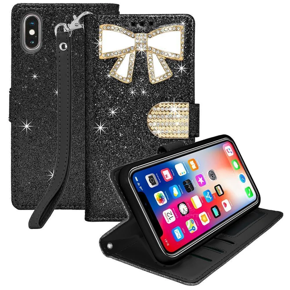 Apple iPhone X / 10 Diamond Bow Glitter Leather Wallet Case by Modes