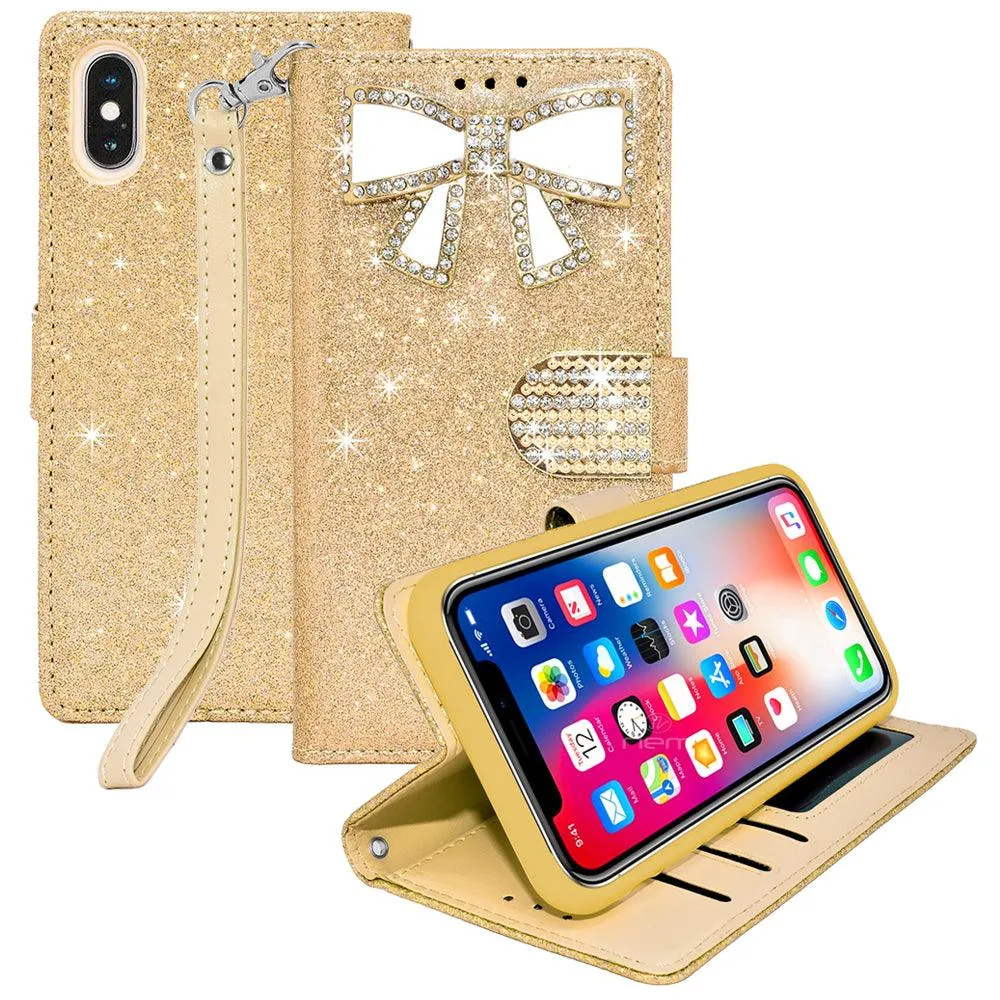 Apple iPhone X / 10 Diamond Bow Glitter Leather Wallet Case by Modes