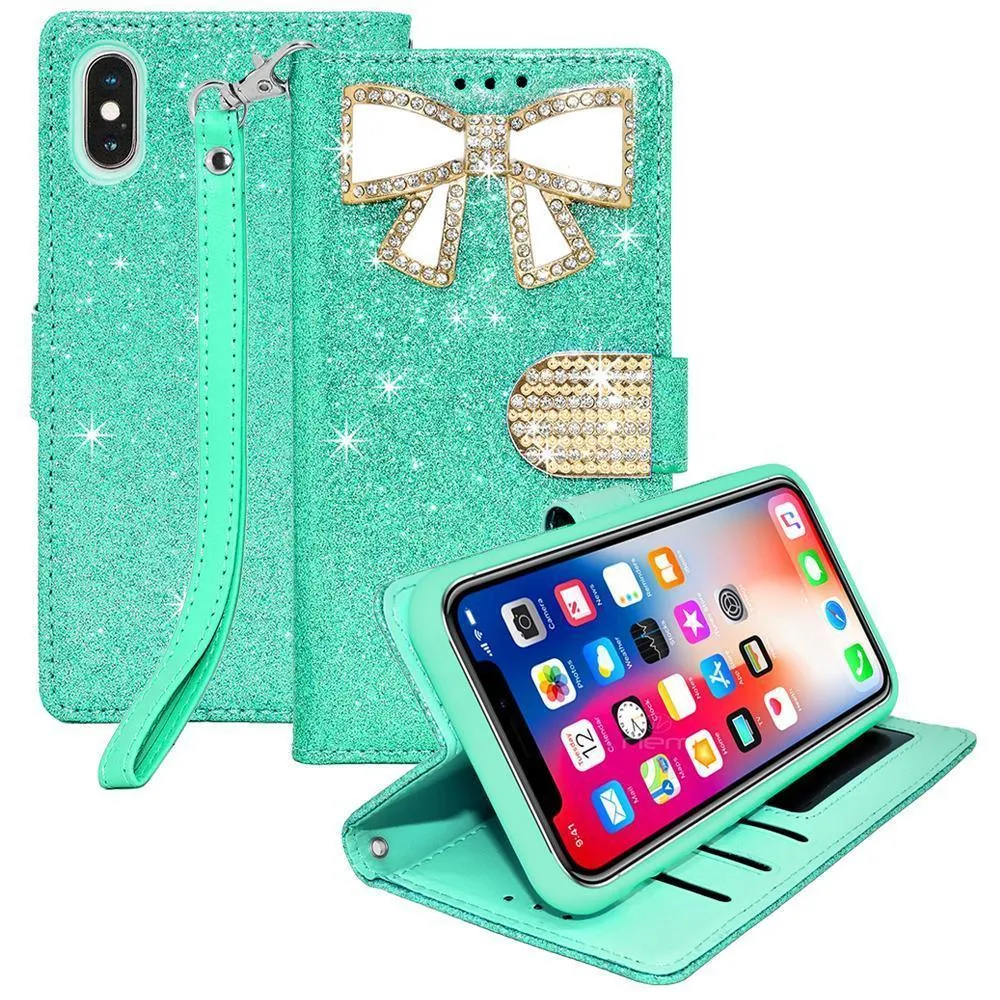 Apple iPhone X / 10 Diamond Bow Glitter Leather Wallet Case by Modes