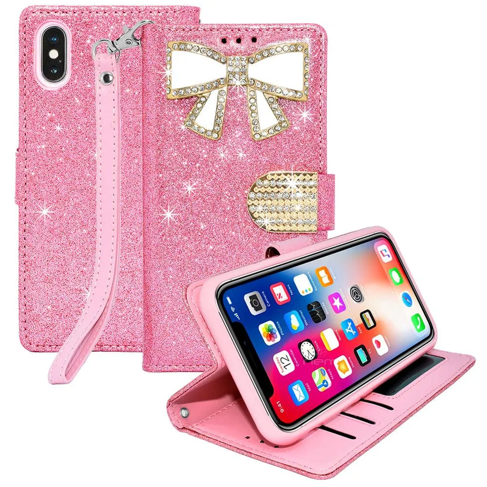 Apple iPhone X / 10 Diamond Bow Glitter Leather Wallet Case by Modes