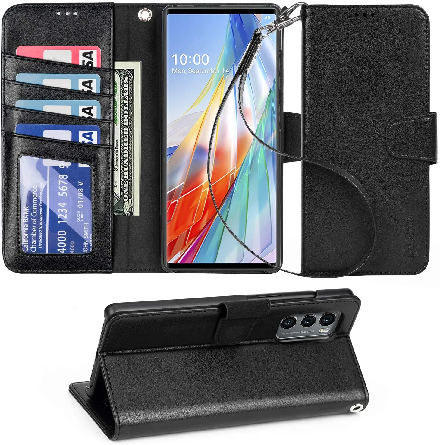 Arae Case for LG Wing 5G PU Leather Wallet Case Cover [Stand Feature] with Wrist Strap and [4-Slots] ID&Credit Cards Pocket for LG Wing 5G