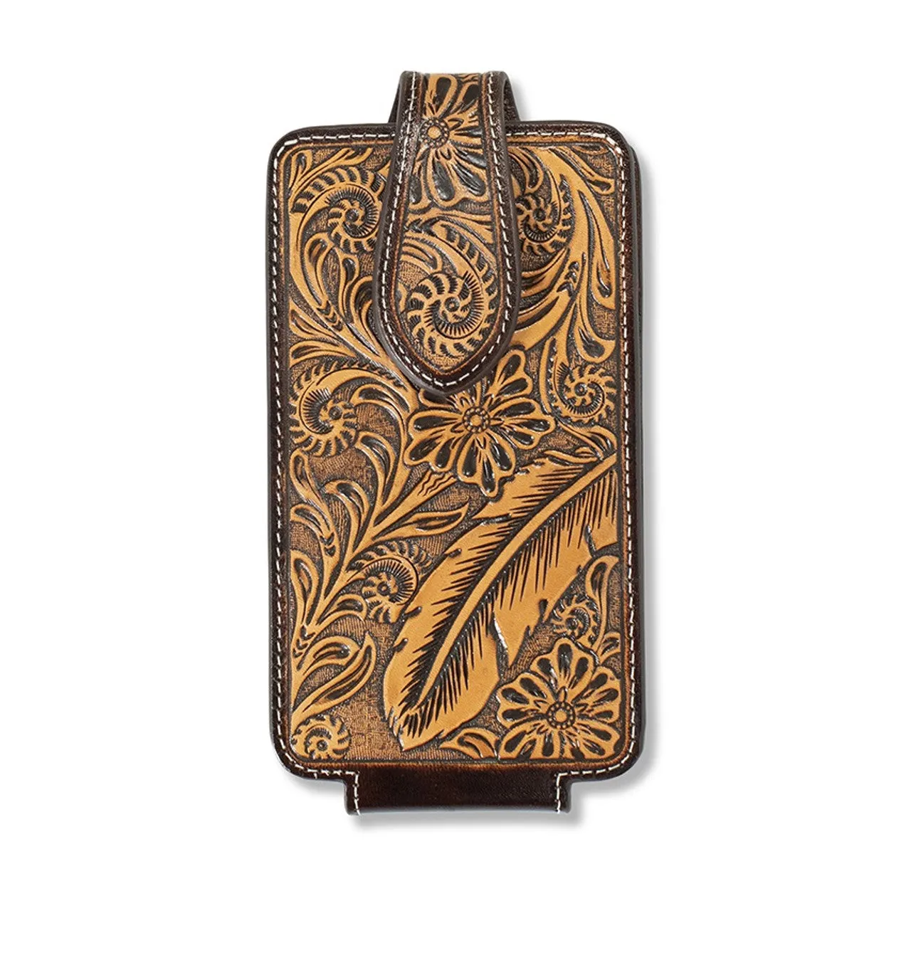 Ariat Brown Floral Feather Embossed Leather Clip on Cell Phone Case