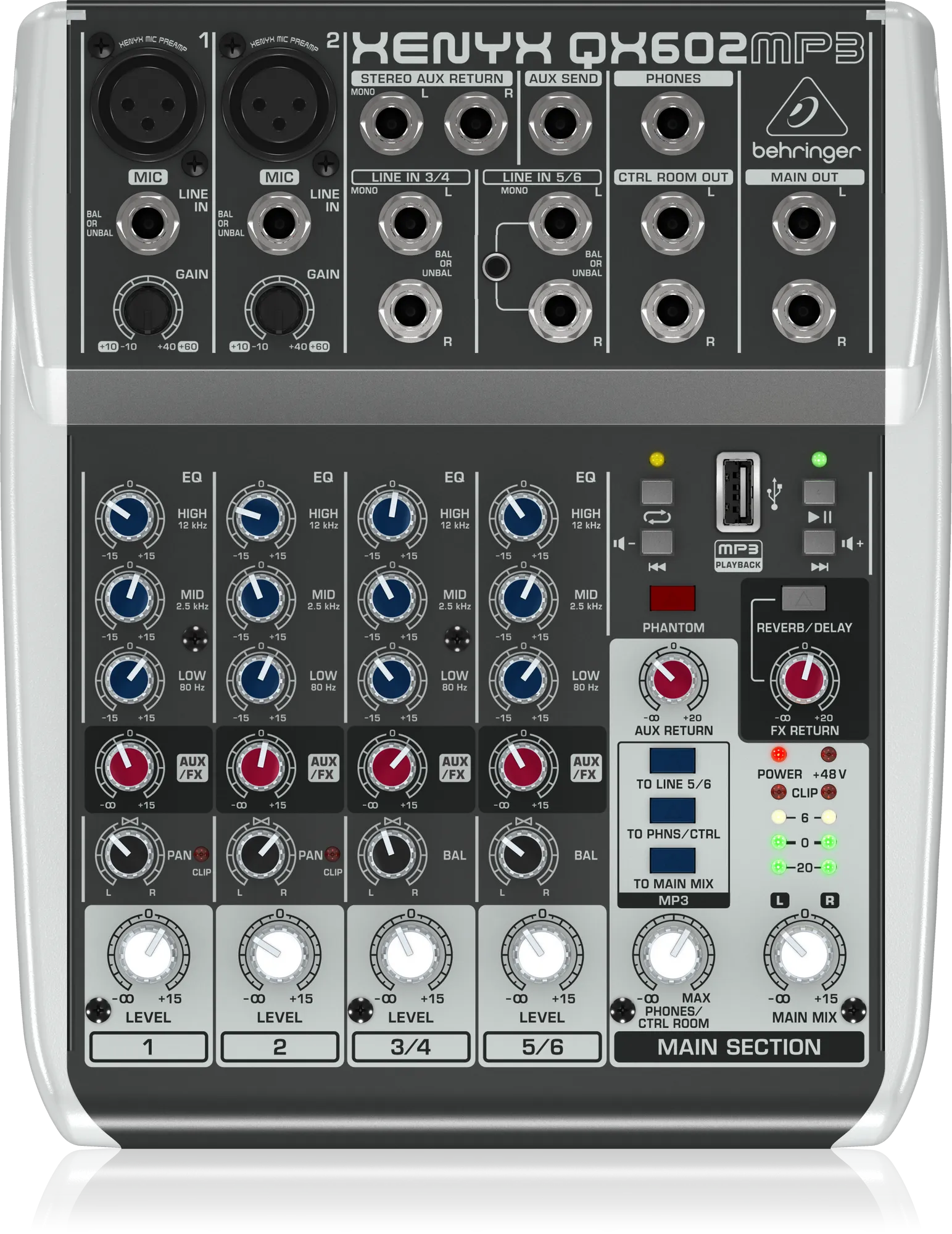 Behringer Xenyx QX602MP3 Premium 6-Input 2-Bus Mixer with XENYX Mic Preamps, British EQ, MP3 Player and Multi-FX