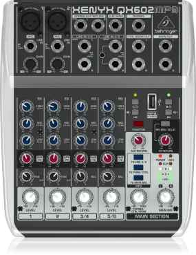 Behringer Xenyx QX602MP3 Premium 6-Input 2-Bus Mixer with XENYX Mic Preamps, British EQ, MP3 Player and Multi-FX