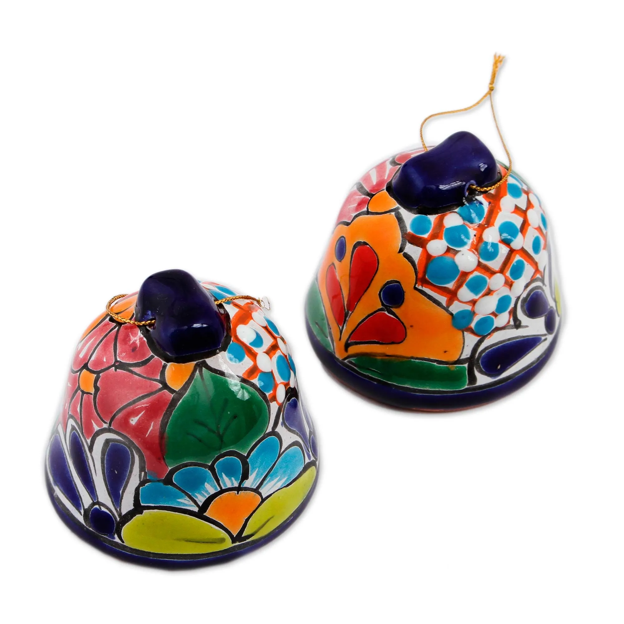 Bell-Shaped Talavera-Style Ceramic Ornaments (Pair) - Talavera Bells | NOVICA