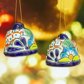 Bell-Shaped Talavera-Style Ceramic Ornaments (Pair) - Talavera Bells | NOVICA