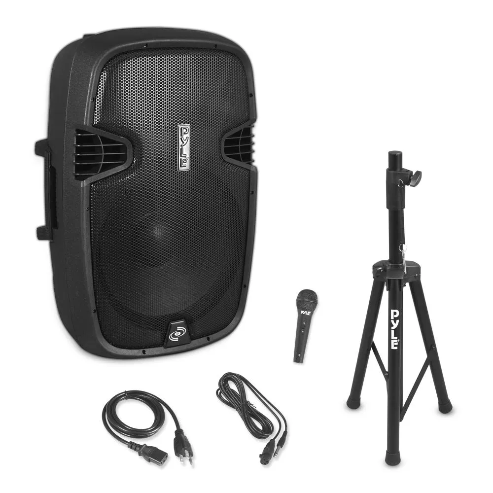 Bluetooth Active-Powered Loudspeaker Cabinet Kit - Wireless Music Streaming Pa Speaker System, Fm Stereo Radio, Usb/Sd Readers, Includes Speaker Stand, Wired Microphone (15'' Subwoofer, 1500 Watt)