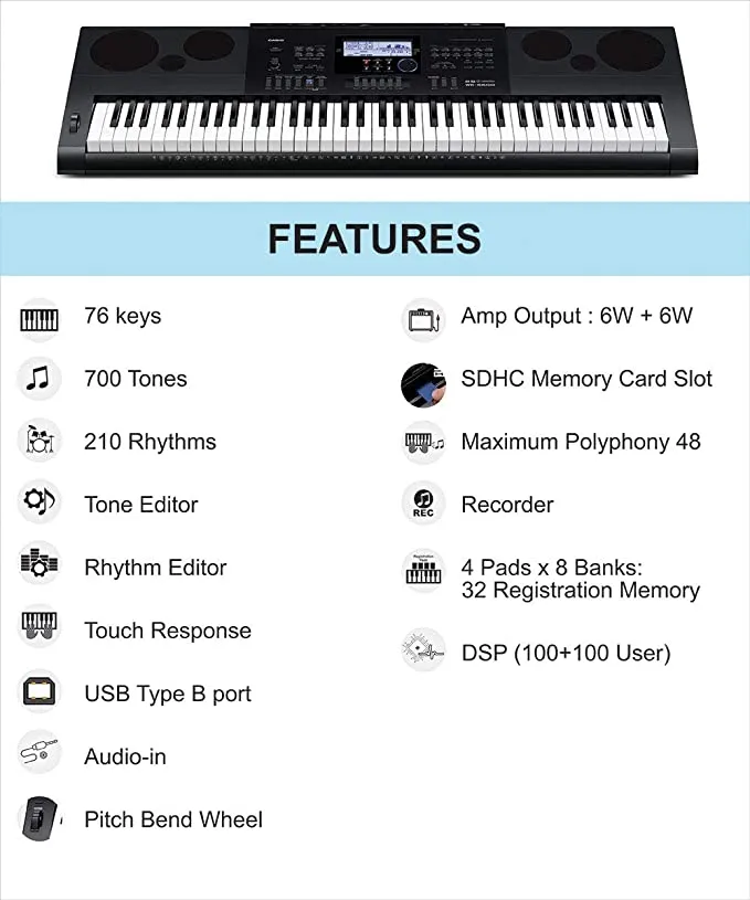 Casio WK-6600 76 Keys Digital Piano Keyboard with Adapter, SD Memory Card Slot, Equalizer, Tone Editor and 210 Preset Rhythms and Auto-Accompaniment (Black)