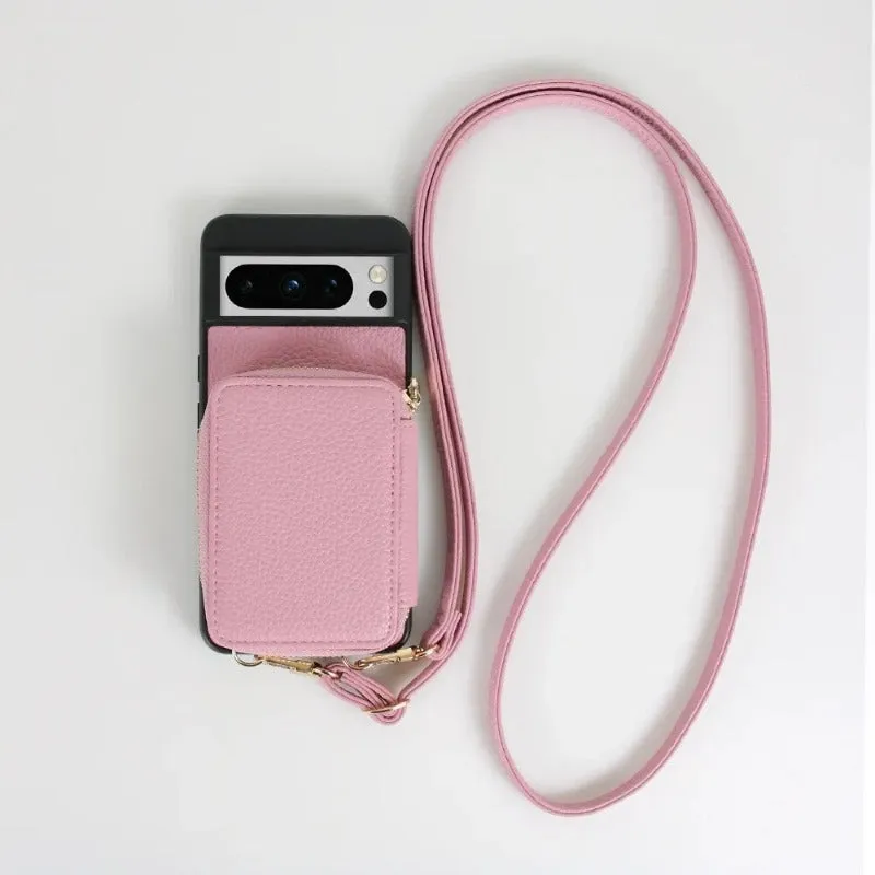 Crossbody Lanyard Wallet PU Leather Phone Case With Zipper Purse Card Slot Holder For Google Pixel 8 7