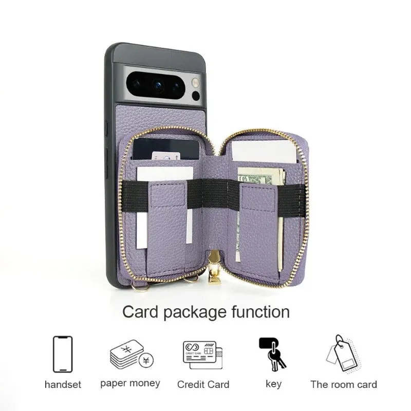 Crossbody Lanyard Wallet PU Leather Phone Case With Zipper Purse Card Slot Holder For Google Pixel 8 7