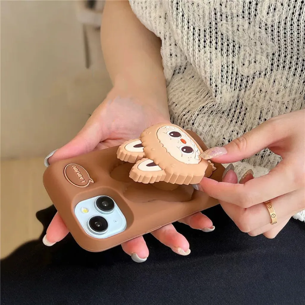 Cute Cartoon Labubu Zimomo Silicone with Stand | Brown Pink - iPhone Case 7 8 6 XR XS X 11 12 13 14 15 Pro Plus Promax