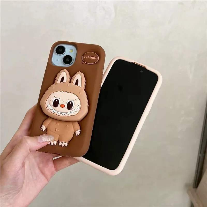 Cute Cartoon Labubu Zimomo Silicone with Stand | Brown Pink - iPhone Case 7 8 6 XR XS X 11 12 13 14 15 Pro Plus Promax