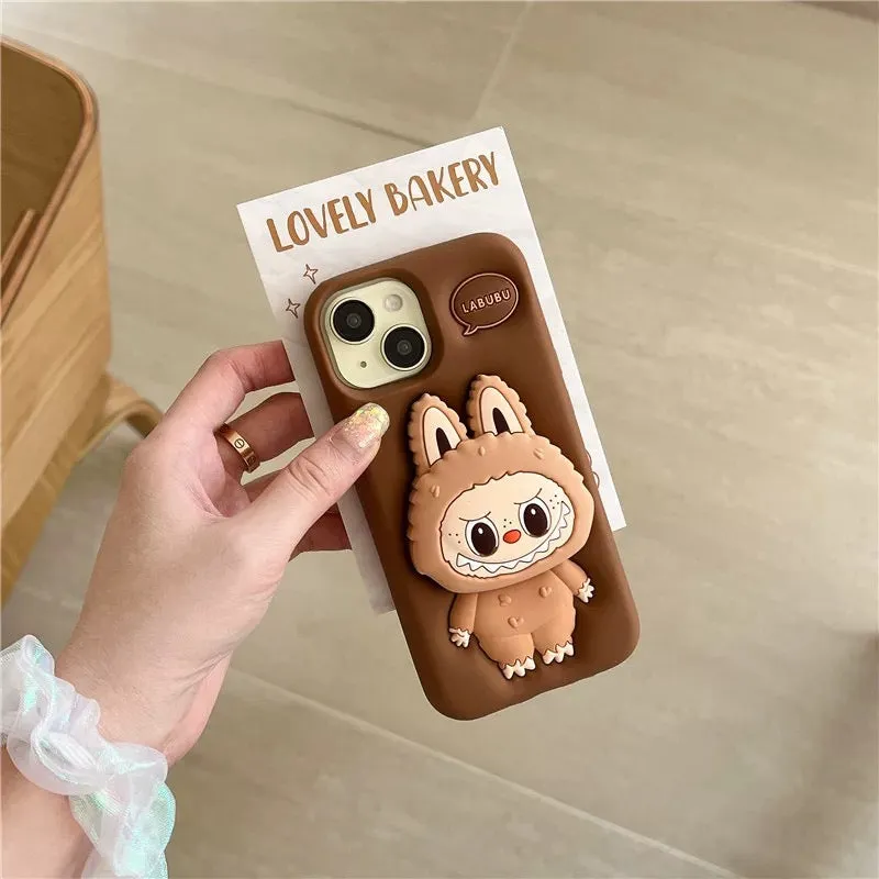 Cute Cartoon Labubu Zimomo Silicone with Stand | Brown Pink - iPhone Case 7 8 6 XR XS X 11 12 13 14 15 Pro Plus Promax