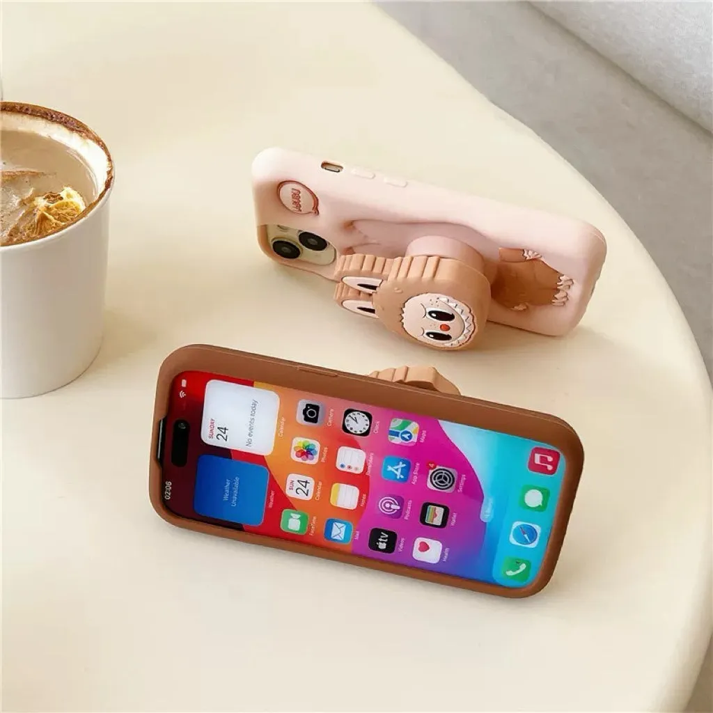 Cute Cartoon Labubu Zimomo Silicone with Stand | Brown Pink - iPhone Case 7 8 6 XR XS X 11 12 13 14 15 Pro Plus Promax