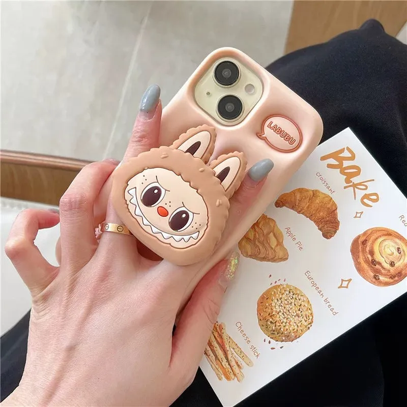 Cute Cartoon Labubu Zimomo Silicone with Stand | Brown Pink - iPhone Case 7 8 6 XR XS X 11 12 13 14 15 Pro Plus Promax