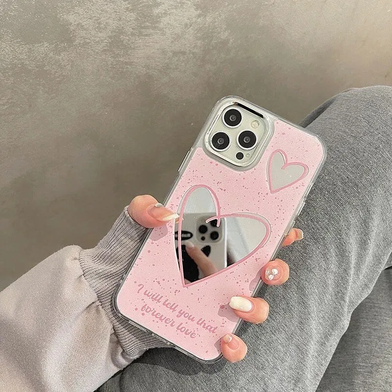 Cute Pink Paint Splatter Heart Shaped Electroplated Silver Design   Crossbody Strap Protective Phone Case for iPhone 11 12 13 14 Pro Max