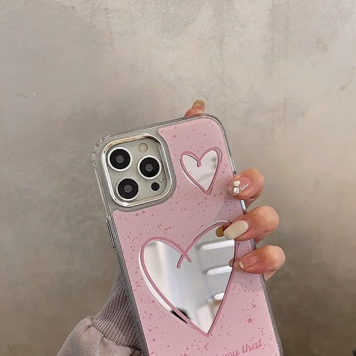 Cute Pink Paint Splatter Heart Shaped Electroplated Silver Design   Crossbody Strap Protective Phone Case for iPhone 11 12 13 14 Pro Max