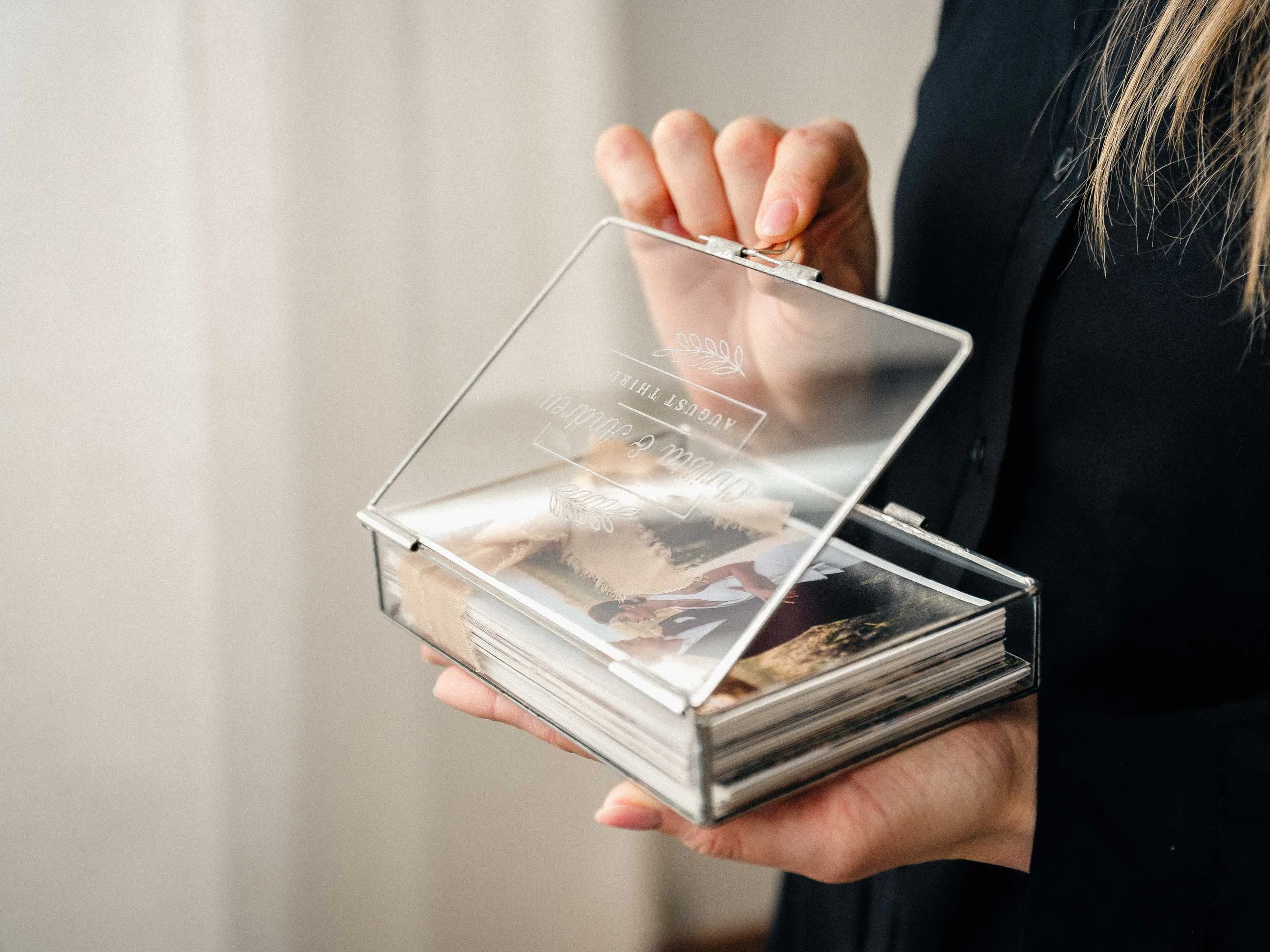 Elegant Silver Glass Photo Box for Wedding Photography and Keepsake Prints