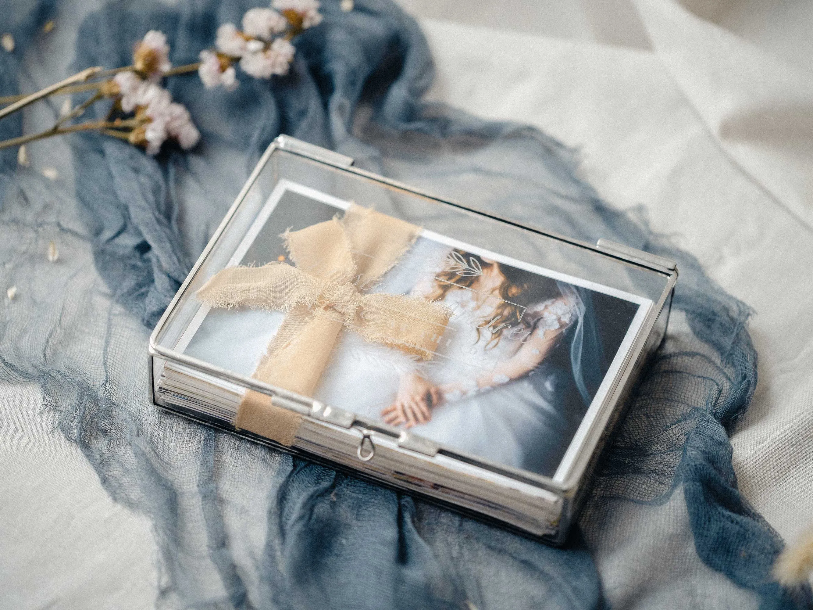 Elegant Silver Glass Photo Box for Wedding Photography and Keepsake Prints