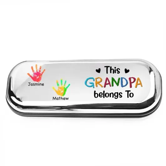 Family - This Grandpa Belongs To Hand Print - Personalized Chrome Glasses Case Box