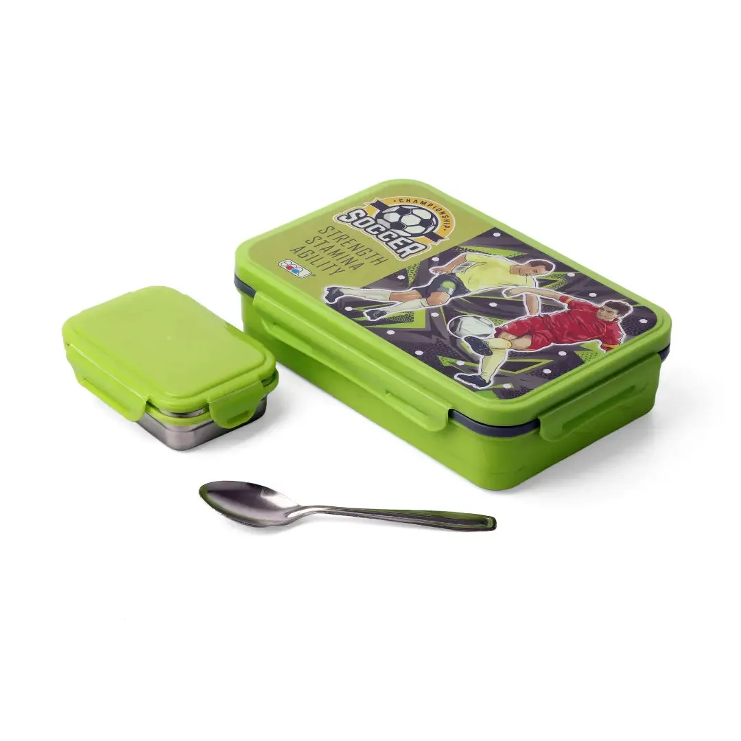 Feast Big Green 2 Compartment Steel Leak Proof Lunch Box for School, Office, Kids (800ML)