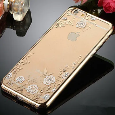 For iPhone 8 5S SE 6 6S Plus 7 Plus Case Luxury Flower Flora Bling Diamond Rhinestone Clear Soft TPU Cover For iPhone 7 Case