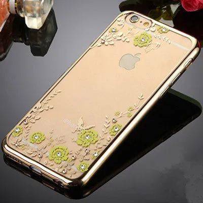 For iPhone 8 5S SE 6 6S Plus 7 Plus Case Luxury Flower Flora Bling Diamond Rhinestone Clear Soft TPU Cover For iPhone 7 Case